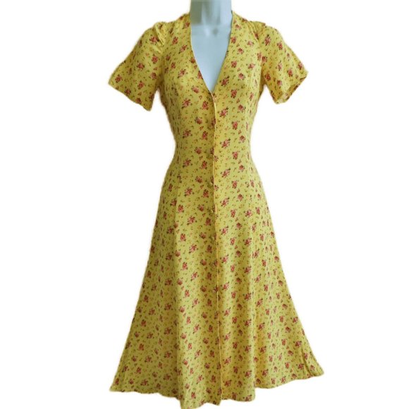 Reformation Dresses & Skirts - Reformation Locklin Midi Yellow Dress Pink Vintage Floral V Neck Short Sleeve 2